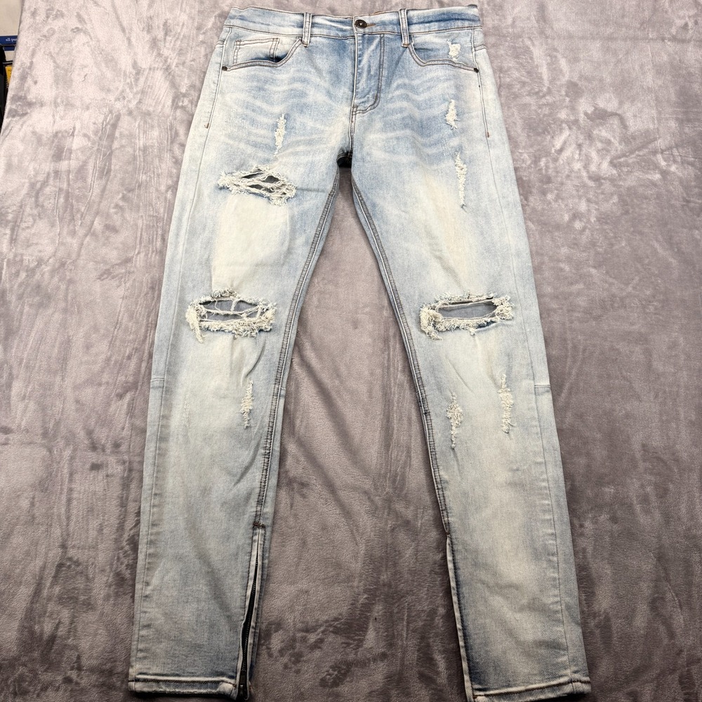 KDNK 1141411 Jeans Men 34X 32 Blue Distressed Ripped Punk Biker Denim Zipper Leg